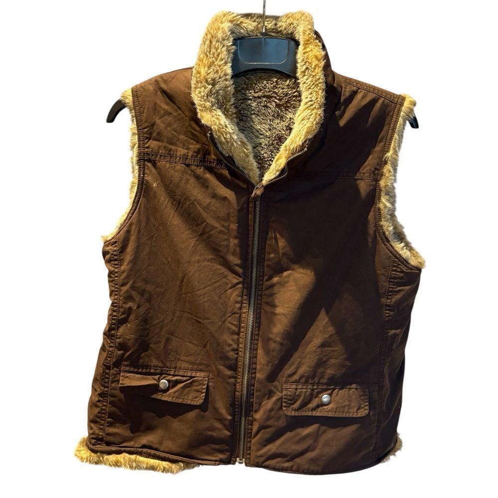 Gap Women's Reversible Brown Faux Fur Lined Vest Full zip Pockets Size Large